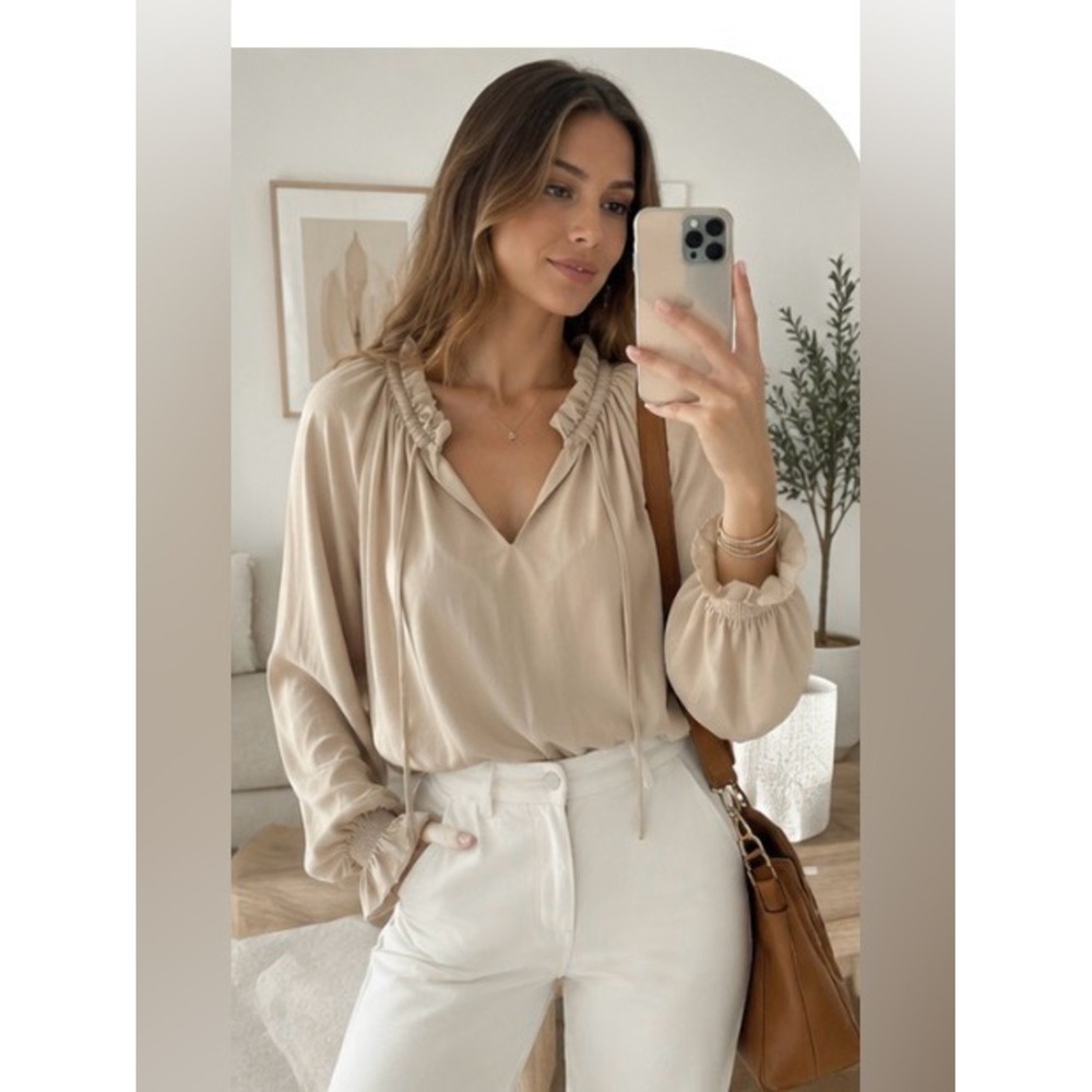 NWT DKNY Jeans Cream Boho Peasant Blouse Size M - Picture 2 of 5